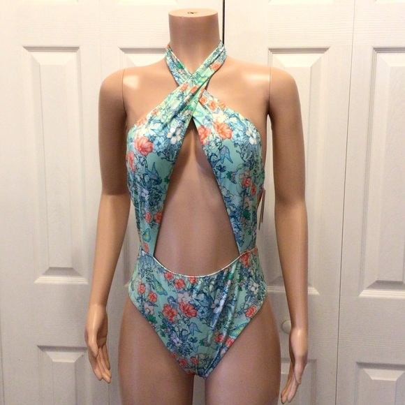Victorias Secret Butterfly Floral High Neck Wrap One Piece Swimsuit Size Medium - Picture 4 of 11